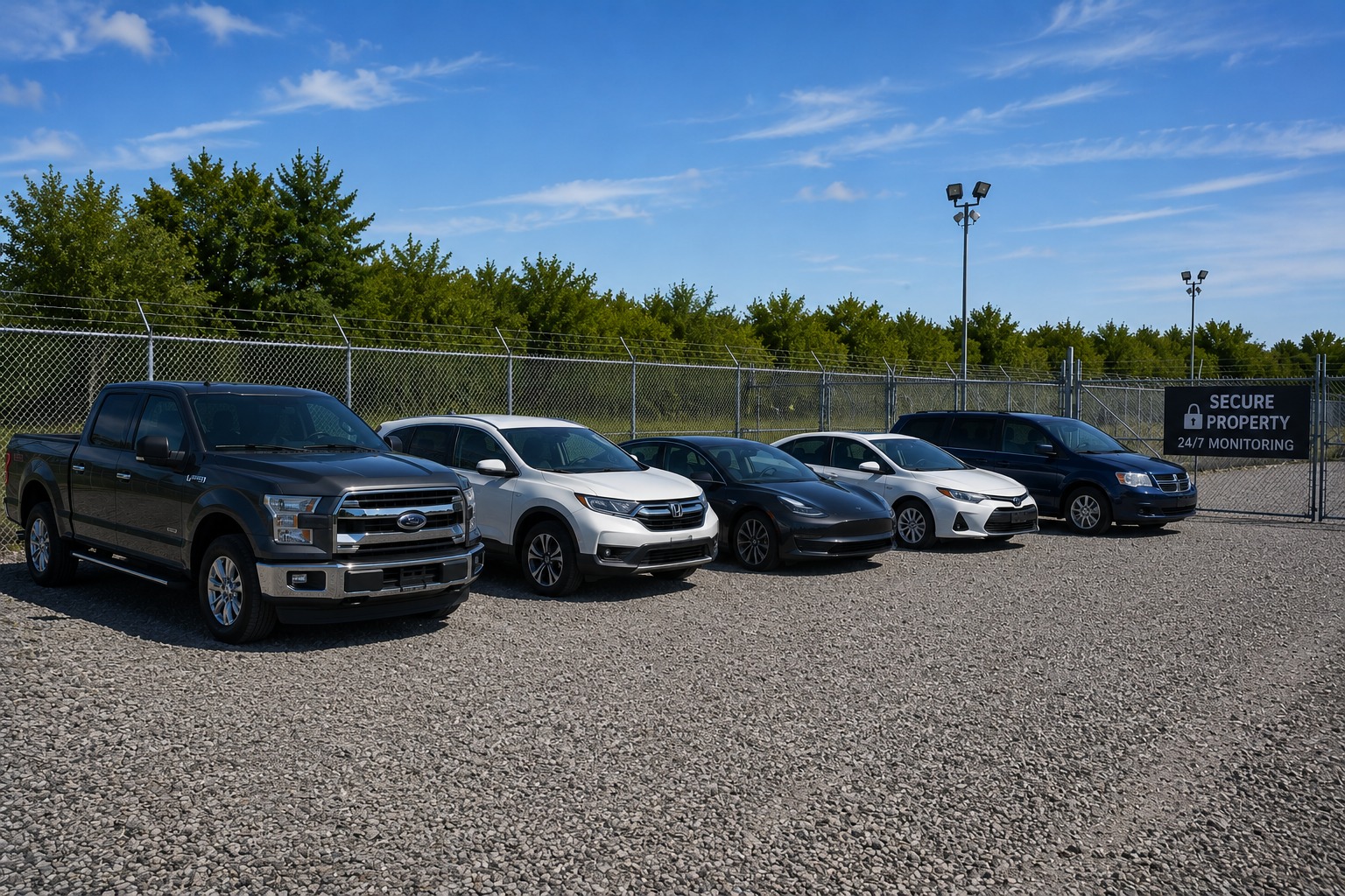 Vehicles staged inside a secure fenced auto transport facility